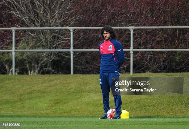 Fabricio Coloccini stands on the sidelines watching during the Newcastle United training session at The Newcastle United Training Centre on March 12...