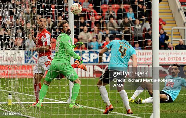 Leon Best of Rotherham United scores his team's second goal during the Sky Bet Championship match between Rotherham United and Derby County at the...