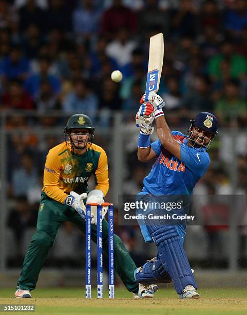 Suresh Raina of India bats during the ICC Twenty20 World Cup warm up match between India and South Africa at Wankhede Stadium on March 12, 2016 in...