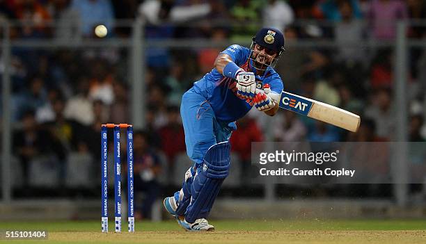 Suresh Raina of India bats during the ICC Twenty20 World Cup warm up match between India and South Africa at Wankhede Stadium on March 12, 2016 in...