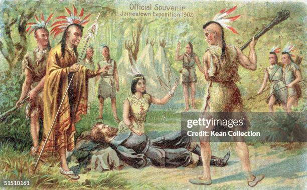 Commorative postcard from the 1907 Jamestown Exposition shows an idealized view of Native American Pocahontas , daughter of Chief Powhatan , kneels...