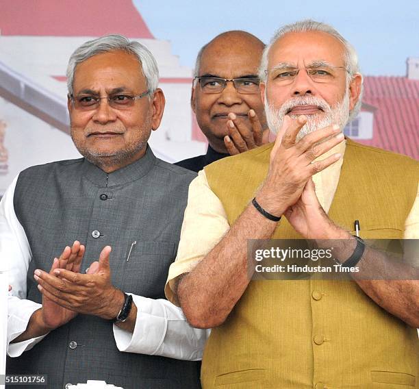 Prime Minister Narendra Modi with Bihar Chief Minister Nitish Kumar during the Closing Ceremony of the Centenary Year Celebrations of the Patna High...