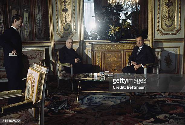 President Richard Nixon holds a private meeting with French President Charles de Gaulle at Elysee Palace, @/28. They met for nine hours of talks in...