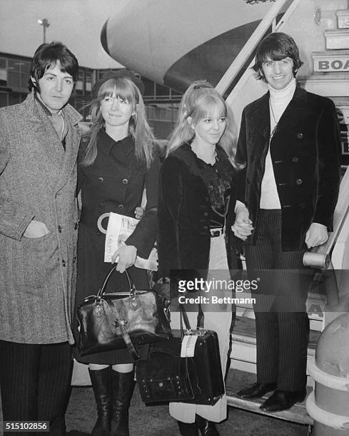 Paul McCartney and his girlfriend, Jane Asher and Ringo Starr and his wife, Maureen, are seen here as they left London today to join John Lennon and...