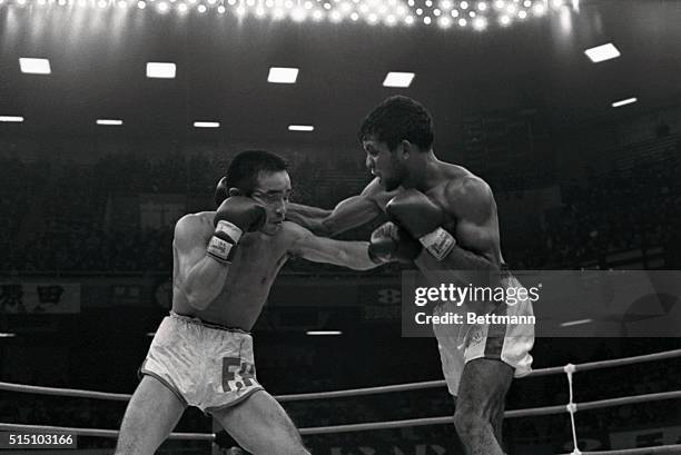 Dripping sweat, Japan's Masahiko "Fighting" Harada punches himself in the face as Australia's Lionel Rose bores in with a two-fisted attack during...