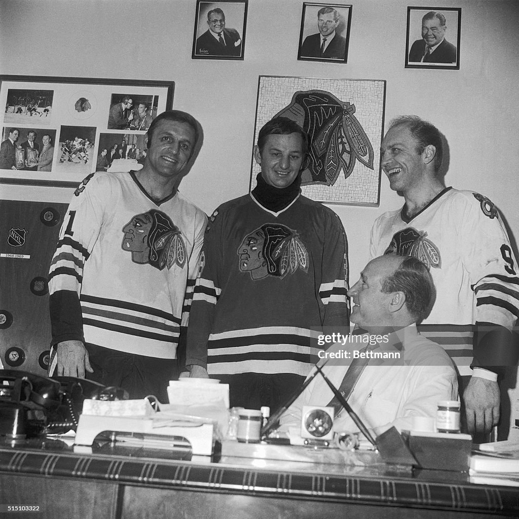 Billy Reay Sitting With Black Hawks Players