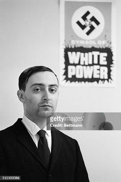 Chicago: Frank Collin head of the White People's Socialist Party in the Midwest, formerly known as the American Nazi Party, stands by one of the...