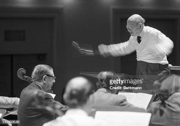 The Maestro Conducts 100 Cellists. New York, New York: Cellist Pablo Casals rehearses 100 cellists who will perform his composition, Sardana, at a...