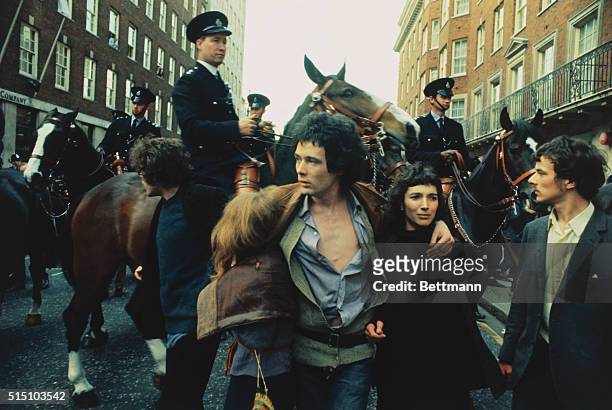 London: Mounted police force back the crowd of 5,000 or so that gathered in Grosvenor Square to protest at the U. S. Embassy, May 9th, against U. S....