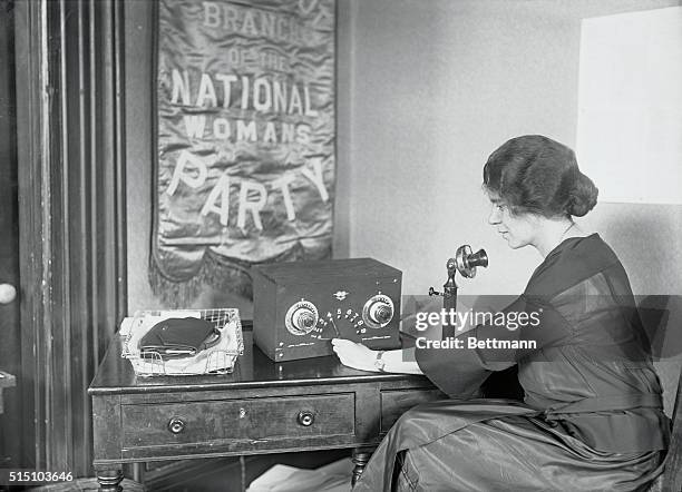 Washington, D.C.: Alice Paul, vice president of the National Women's party broadcasts plans for the dedication of the New National Headquarters at...