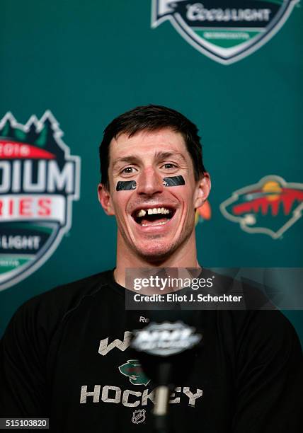 Ryan Carter of the Minnesota Wild speaks at a post game press conference after the 2016 Coors Light Stadium Series game between the Chicago...