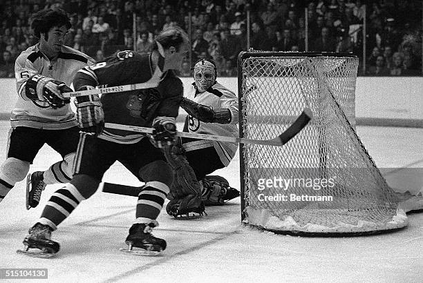 Chicago Black Hawks' Bobby Hull flips the puck around the net to his brother Dennis , who tipped it in for score past Boston Bruins goalie Gerry...