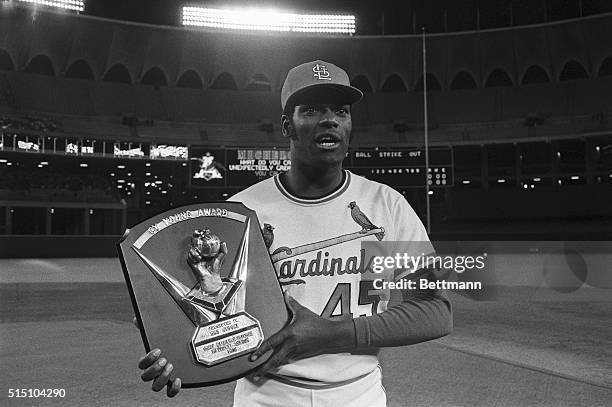 St. Cardinals pitching ace Bob Gibson received the 1970 National League Cy Young Award before the start of the Cardinals-Philadelphia Phillies game....