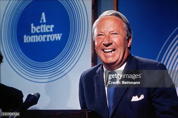 Smiling Heath. London, England: A confident, smiling Conservative leader Mr. Edward Heath makes one of his electioneering speeches. . . During a...