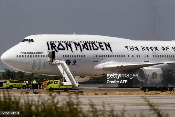 Picture released by Aton Chile showing the Ed Force One Boeing 747, belonging to British heavy metal band Iron Maiden which was damaged while being...