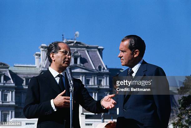 Washington, D.C.: President Nixon greets Italian prime minister Emilio Colombo on south lawn of the White House.