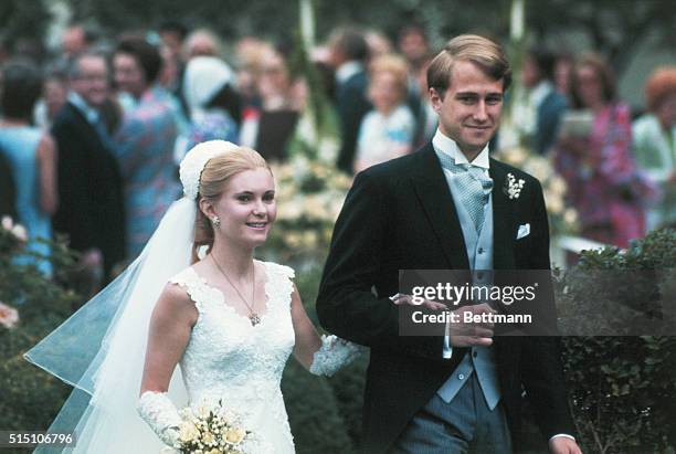 Washington, DC.: close up of bride and groom, Edward Finch Cox and Tricia Nixon, after they exchanged wedding vows in a White House rose garden...