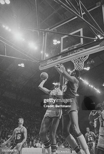 Milwaukee: Los Angeles Lakers Wilt Chamberlain went close to the net to stop Milwaukee Bucks Lew Alcindor from taking a shot during the Bucks-Lakers...