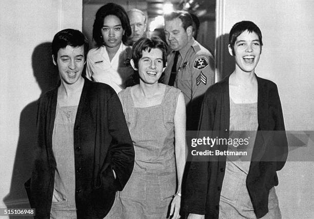 Susan Denise Atkins, , Patricia Krenwinkel and Leslie Van Houten,, laugh after receiving the death sentence for their part in the Tate-LaBianca...