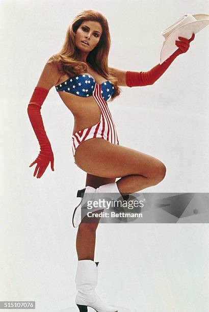 New York, NY - ORIGINAL CAPTION READS: Racquel Welch, posed full length in star-spangled bathing suit for the film "Myra Breckinridge."