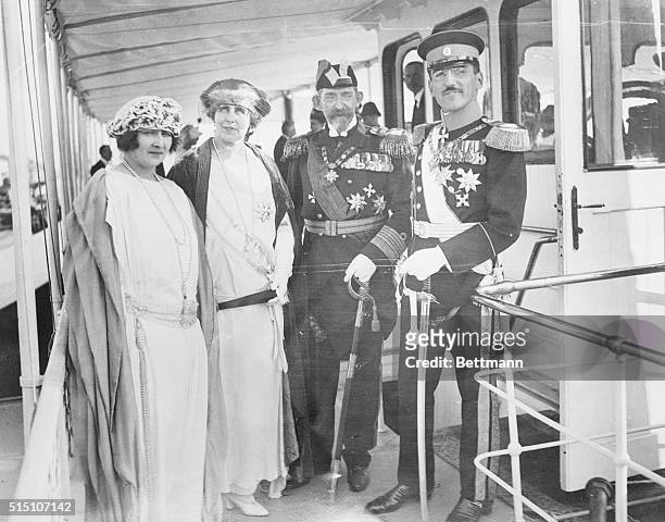 The Serbian Royal Wedding. The wedding party aboard the Serbian royal yacht. Left to right, Princess Marie, now Queen of Serbia, Queen Marie of...