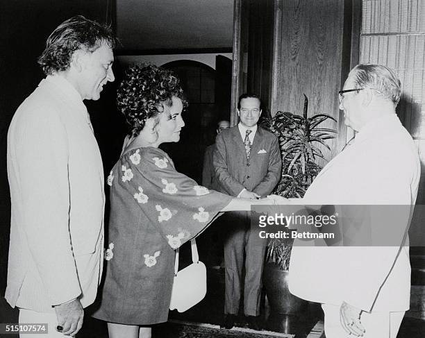 Brioni Island, Yugoslavia: Burtons Meet Tito. Yugoslav President Josip Tito, welcomes actress Elizabeth Taylor and her actor husband Richard Burton...