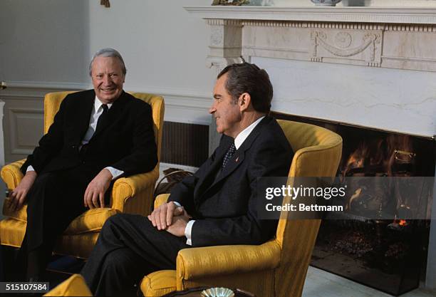 British Prime Minister Edward Heath and President Richard Nixon chat at the White House.