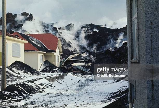 Vestmannaeyjar, Heimey Island, ICeland. Continuing flow of lava from Helgafjell Volcano on Heimey Island, off the coast of Iceland, moves toward...