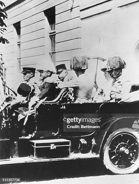 Archduke Franz Ferdinand and Sophie, Duchess of Hohenberg riding in a car in Sarajevo before the assassination.