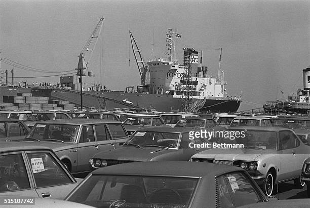 Japanese-made Toyota automobiles are unloaded at Wigging Terminal, Castle Island, South Boston 8/17 from the Japanese freighter Soyo Maru. The...