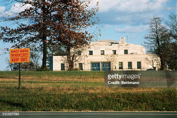 Louisville, Kentucky: Exterior view of Federal Bullion Depository at Fort Knox. Undated color slide.