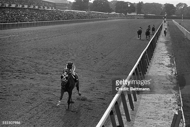 Secretariat, with Ron Turcotte up, winning the Belmont Stakes--and the Triple Crown--with ease June 9th as the field finishes 31 lengths further...