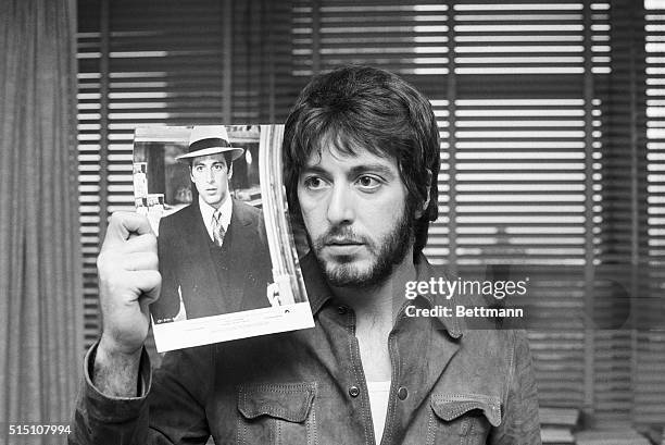 Hoping It'll Be His Night. New York: Al Pacino, who's up for an Oscar for Best Supporting Actor in film, The Godfather, shows photo of himself from...