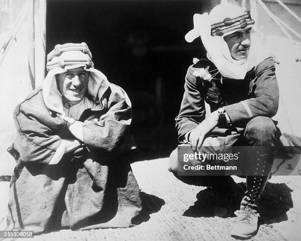 An historic photo taken in the autumn of 1917 shows Lawrence of Arabia with Lowell Thomas at Lawrence's headquarters near Acava in Arabia. Lowell...