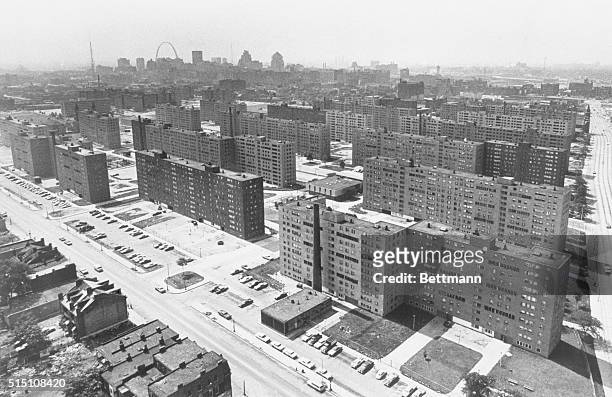 St. Louis: Aerial view made June 5, 1971 shows the massive Pruitt-Igoe housing project with its busted windows and the St. Louis Gateway Arch in...