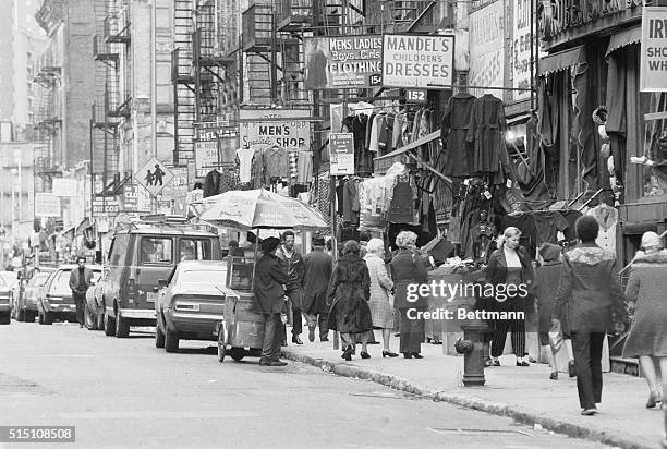 Shown here is the busy area of Orchard and Suffolk Streets in downtown Manhattan.