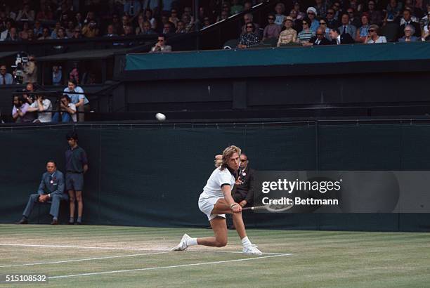 Wimbledon: Bjorn Borg the 17-year-old teenage idol from Sweden in action, during his game against Roger Taylor. Taylor won 6-1, 6-8, 3-6, 6-3, 7-5.