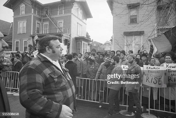 Site of Controversy. Newark, New Jersey: New Jersey assemblyman Anthony Imperiale faces black supporters of the controversial Kawaida Towers housing...