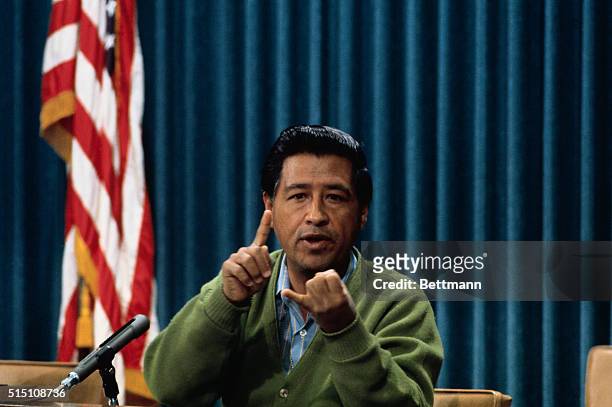 Cesar Chavez, head of the United Farm Workers, makes a point in a press conference in Sacramento.