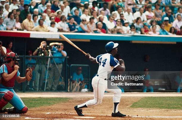 Hank Aaron of the Atlanta Braves hits his 700th home run against the Phils here. The 39-year-old outfielder is not just 14 home runs behind Babe...