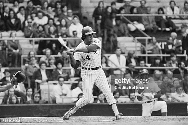 April 18, 1973-Chicago: Chicago White Sox Bill Melton hits a homer in game against the Texas Rangers.