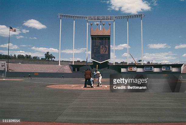 Kansas City, Mo.: View of the playing field of the new Royals Stadium during game between Kansas City and Minn. Twins.