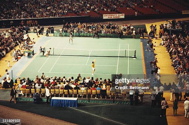 Houston, TX: General view of the much-hyped tennis match in the Astrodome between Bobby Riggs and Billie Jean King, dubbed "The Battle of the Sexes."