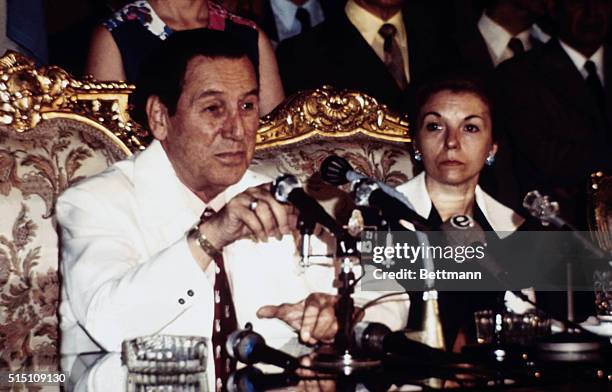 President Juan Peron and Vice President Maria Estela de Peron of Argentina during press conference.