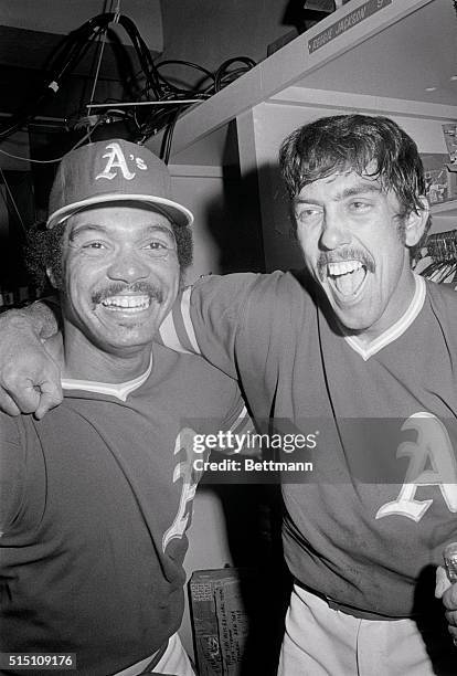 Oakland, Calif.: Oakland A's Reggie Jackson voted the Most Valuable Player of the World Series, gets s hug and cheer from catcher Ray Fosse in the...