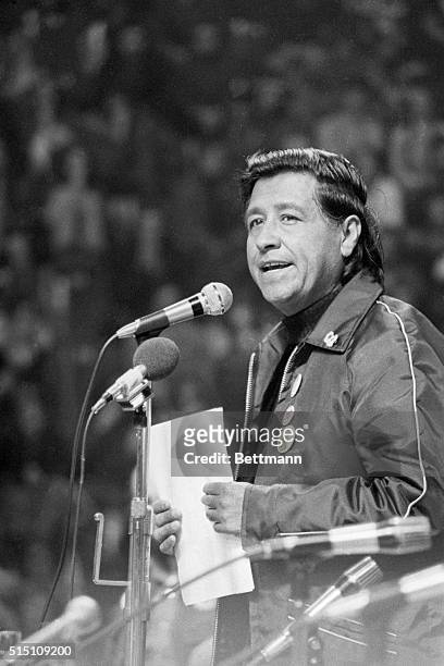 Cesar Chavez, head of the United Farm Workers of America, addresses supporters of a California Grape Boycott. He was a joint speaker with Hortensia...