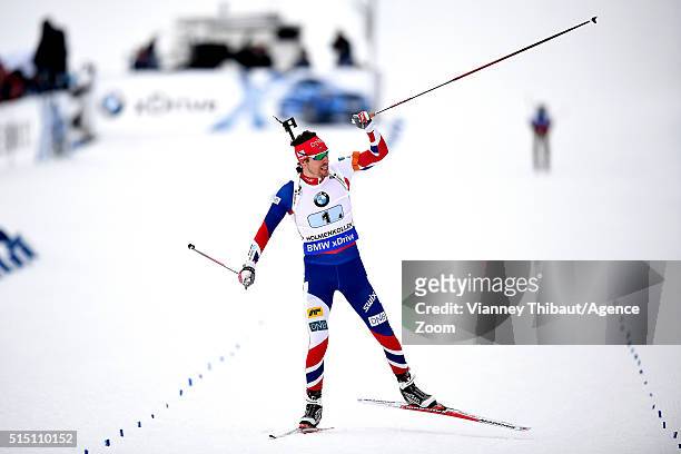 Emil Hegle Svendsen of Norway wins the gold medal during the IBU Biathlon World Championships Men's Relay on March 12, 2016 in Oslo, Norway.