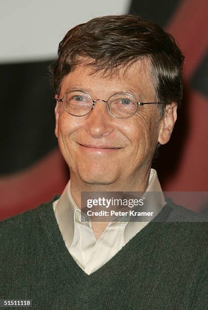 Microsoft CEO Bill Gates attends a press conference for the launch of the new Swatch line "Paparazzi" by Swatch and Microsoft on October 20, 2004 in...