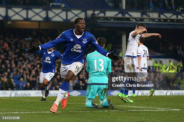 Romelu Lukaku of Everton celebrates scoring his team's first goal during the Emirates FA Cup sixth round match between Everton and Chelsea at...