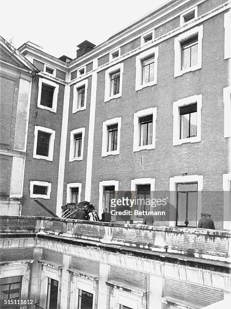 Madrid: Car belonging to Prime Minister Luis Carrero Blanco rests on second floor terrace of building after an explosion Dec. 20, killed Carrero,...